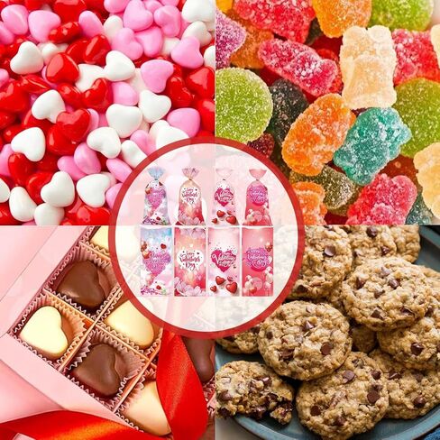 AUOCATTAIL Valentine's Day Cellophane Treat Bags Red Pink Heart Candy Cookie Bags Treats Bags Happy Valentine's Day Patterned Plastic Wrap Gift Bag for Wedding Anniversary Party Supplies 50 Pcs in Saudi Arabia