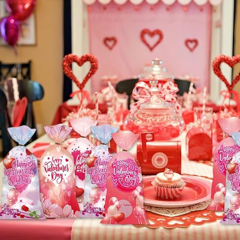 AUOCATTAIL Valentine's Day Cellophane Treat Bags Red Pink Heart Candy Cookie Bags Treats Bags Happy Valentine's Day Patterned Plastic Wrap Gift Bag for Wedding Anniversary Party Supplies 50 Pcs in Saudi Arabia