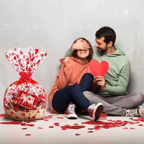12 قطعة من أكياس سلة عيد الحب الكبيرة من Outus مع 10 أشرطة أقواس مقاس 28 × 40 بوصة سلال شفافة لعيد الحب أكياس فارغة ملفوفة بالسيلوفان للهدايا والهدايا وحفلات الزفاف (نمط القلب) in Kuwait