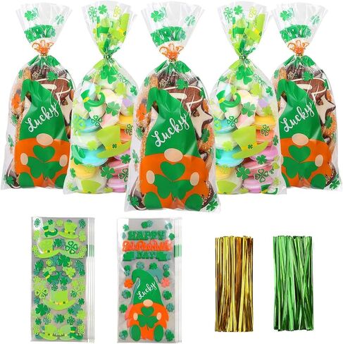 DERAYEE St. Patrick Day Cellophane Treat Bags, 160Pcs Clear Candy Goody Gift Bags with Twist Ties Lucky Shamrock Leprechaun Hat in Saudi Arabia