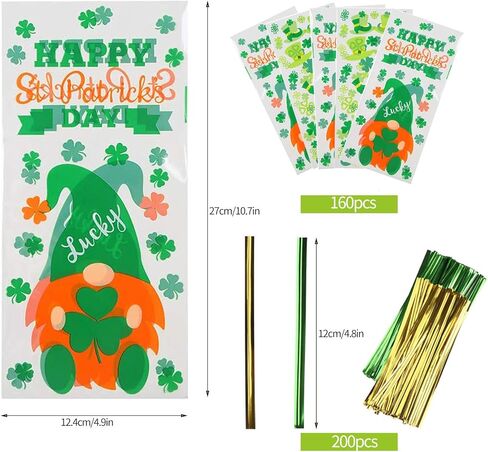 DERAYEE St. Patrick Day Cellophane Treat Bags, 160Pcs Clear Candy Goody Gift Bags with Twist Ties Lucky Shamrock Leprechaun Hat in Saudi Arabia