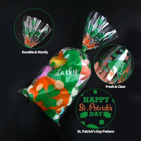 DERAYEE St. Patrick Day Cellophane Treat Bags, 160Pcs Clear Candy Goody Gift Bags with Twist Ties Lucky Shamrock Leprechaun Hat in Saudi Arabia