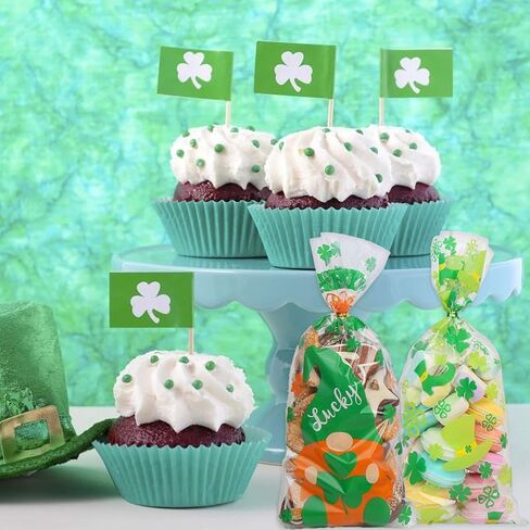 DERAYEE St. Patrick Day Cellophane Treat Bags, 160Pcs Clear Candy Goody Gift Bags with Twist Ties Lucky Shamrock Leprechaun Hat in Saudi Arabia