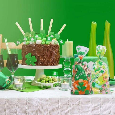 DERAYEE St. Patrick Day Cellophane Treat Bags, 160Pcs Clear Candy Goody Gift Bags with Twist Ties Lucky Shamrock Leprechaun Hat in Saudi Arabia