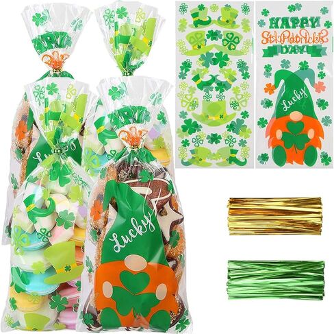 DERAYEE St. Patrick Day Cellophane Treat Bags, 160Pcs Clear Candy Goody Gift Bags with Twist Ties Lucky Shamrock Leprechaun Hat in Saudi Arabia