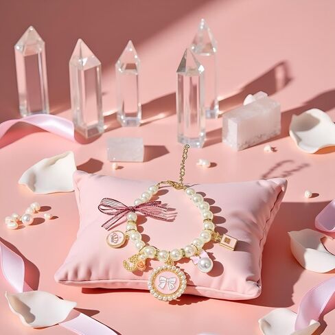 Pink Medium Collars Pet Pearl Dog Princess Bow Necklace Cute Collar Puppy Accessories Cat Jewelry Pearl Neck Strap for Dog Cat (M) in Saudi Arabia