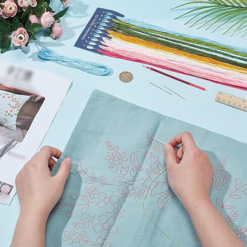 طقم غطاء وسادة تطريز DIY للمبتدئين من WEBEEDY، طقم غطاء وسادة DIY مع نمط زهور للبالغين، غطاء وسادة مزخرف على شكل زهرة لوازم الخياطة لديكور المنزل، 17x17/44x44 سم (أزرق) in Saudi Arabia