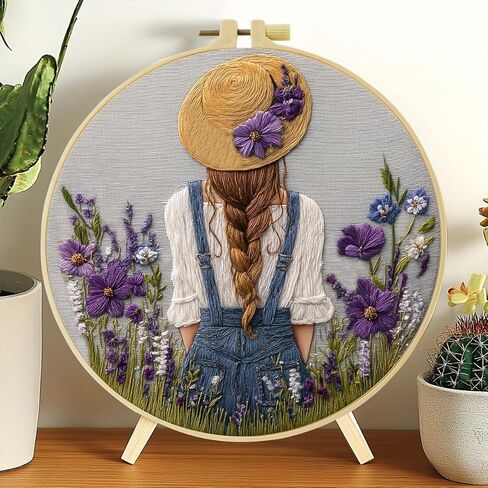 Girl’s back in a straw hat with purple flowers Patterns Embroidery Kits for Beginners,Adults Starter Cross Stitch Kit ,DIY Needlepoint Everything is Fine,Step by Step Instructions and Video Tutorial in Kuwait