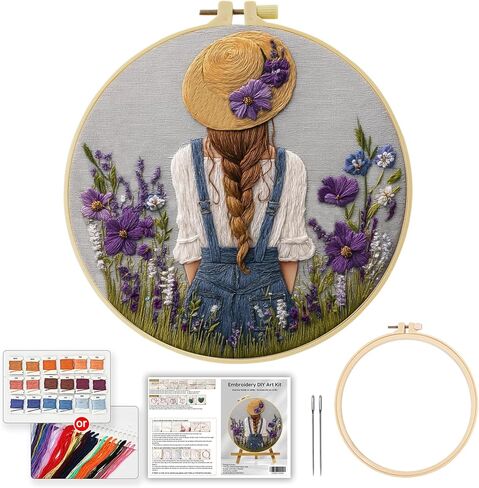 Girl’s back in a straw hat with purple flowers Patterns Embroidery Kits for Beginners,Adults Starter Cross Stitch Kit ,DIY Needlepoint Everything is Fine,Step by Step Instructions and Video Tutorial in Kuwait