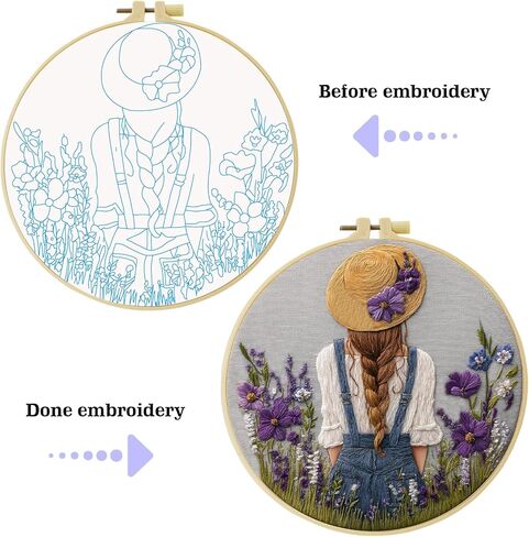 Girl’s back in a straw hat with purple flowers Patterns Embroidery Kits for Beginners,Adults Starter Cross Stitch Kit ,DIY Needlepoint Everything is Fine,Step by Step Instructions and Video Tutorial in Kuwait