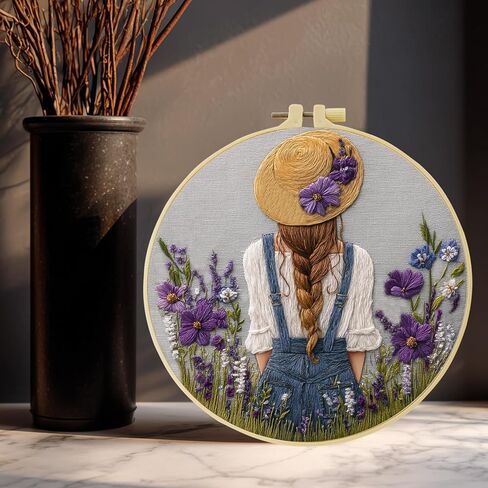 Girl’s back in a straw hat with purple flowers Patterns Embroidery Kits for Beginners,Adults Starter Cross Stitch Kit ,DIY Needlepoint Everything is Fine,Step by Step Instructions and Video Tutorial in Kuwait