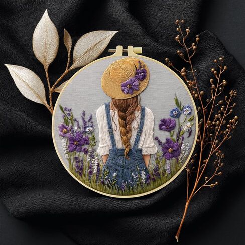 Girl’s back in a straw hat with purple flowers Patterns Embroidery Kits for Beginners,Adults Starter Cross Stitch Kit ,DIY Needlepoint Everything is Fine,Step by Step Instructions and Video Tutorial in Kuwait