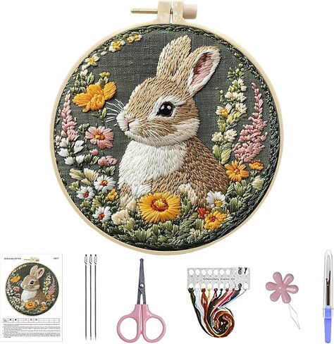 ARTopet Embroidery Kit for Beginners Cross Stitch Kits Needlepoint Set Easter Bunny Eggs Patterns Embroidery Thread Kit for Craft Lover Hand Stitch with Threads 5.9in Hoop Fabric-Bunny04 in Saudi Arabia