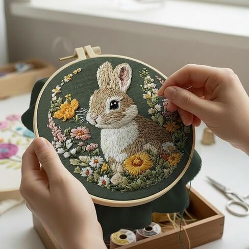 ARTopet Embroidery Kit for Beginners Cross Stitch Kits Needlepoint Set Easter Bunny Eggs Patterns Embroidery Thread Kit for Craft Lover Hand Stitch with Threads 5.9in Hoop Fabric-Bunny04 in Saudi Arabia