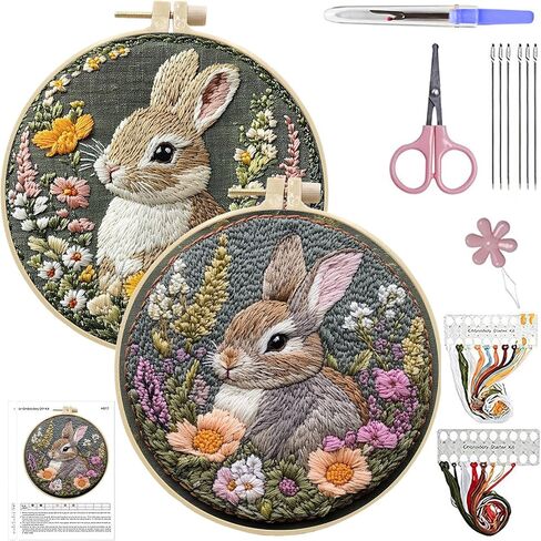 ARTopet Embroidery Kit for Beginners Cross Stitch Kits Needlepoint Set Easter Bunny Eggs Patterns Embroidery Thread Kit for Craft Lover Hand Stitch with Threads 5.9in Hoop Fabric-Bunny04 in Saudi Arabia