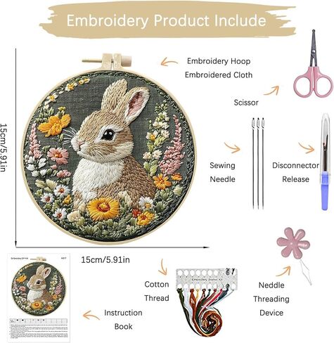 ARTopet Embroidery Kit for Beginners Cross Stitch Kits Needlepoint Set Easter Bunny Eggs Patterns Embroidery Thread Kit for Craft Lover Hand Stitch with Threads 5.9in Hoop Fabric-Bunny04 in Saudi Arabia