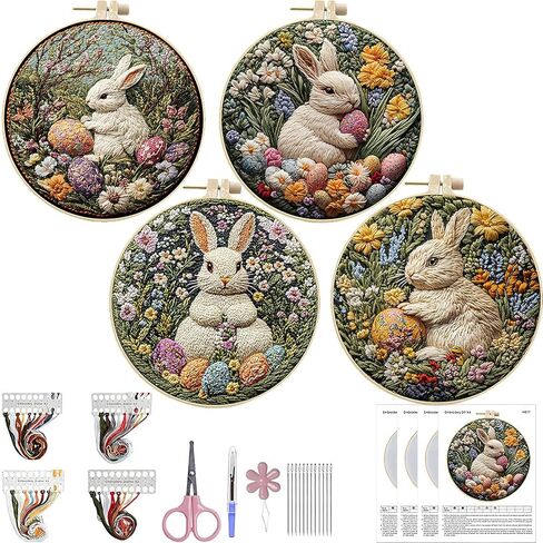ARTopet Embroidery Kit for Beginners Cross Stitch Kits Needlepoint Set Easter Bunny Eggs Patterns Embroidery Thread Kit for Craft Lover Hand Stitch with Threads 5.9in Hoop Fabric-Bunny04 in Saudi Arabia