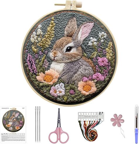 ARTopet Embroidery Kit for Beginners Cross Stitch Kits Needlepoint Set Easter Bunny Eggs Patterns Embroidery Thread Kit for Craft Lover Hand Stitch with Threads 5.9in Hoop Fabric-Bunny04 in Saudi Arabia