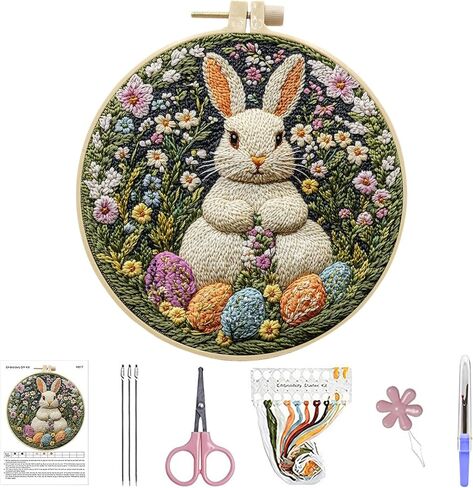 ARTopet Embroidery Kit for Beginners Cross Stitch Kits Needlepoint Set Easter Bunny Eggs Patterns Embroidery Thread Kit for Craft Lover Hand Stitch with Threads 5.9in Hoop Fabric-Bunny04 in Saudi Arabia