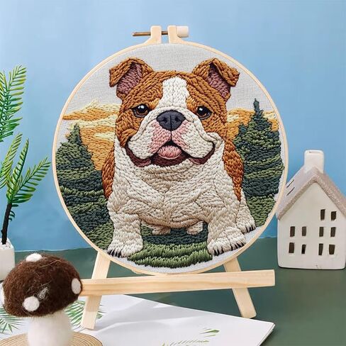 Punch Needle Kits English Bulldog Under Sunset Embroidery Starter Set with Hoop Easy for Beginners DIY Stress Relief Handmade Craft Hobby and Home Decor 20x20cm-2 in Saudi Arabia