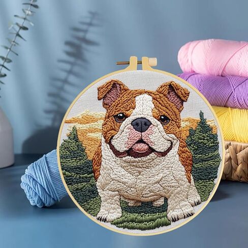 Punch Needle Kits English Bulldog Under Sunset Embroidery Starter Set with Hoop Easy for Beginners DIY Stress Relief Handmade Craft Hobby and Home Decor 20x20cm-2 in Saudi Arabia