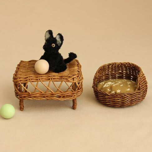 1:12 Scale Mini Rattan Dog Bed for Dollhouse Handmade Wicker Pet Bed, Cute Miniature Dog House Accessories for Doll House Decoration,Dollhouse Furniture Collection (Light) (Basket Dark) in Saudi Arabia