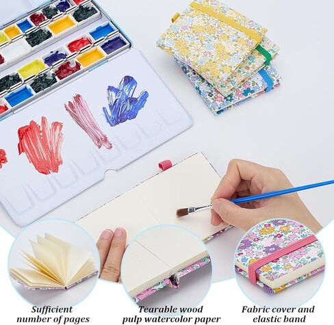 PLIGREAT 4 Pcs Mini Watercolor Sketchbook 3 x 3 Inch Portable Square Fabric Cover Sketch Book 20 Sheets Small Watercolor Sketchbook 300g Textured Drawing Papers Travel Sketch Book, Floral in Saudi Arabia