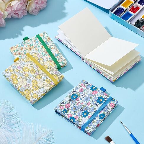 PLIGREAT 4 Pcs Mini Watercolor Sketchbook 3 x 3 Inch Portable Square Fabric Cover Sketch Book 20 Sheets Small Watercolor Sketchbook 300g Textured Drawing Papers Travel Sketch Book, Floral in Saudi Arabia
