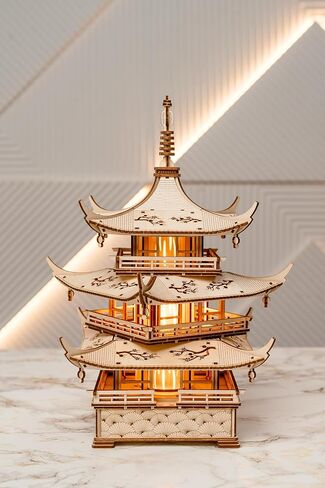 Wood Trick Harmony Tower Pagoda Temple LED ألغاز خشبية ثلاثية الأبعاد للبالغين لبناء - نقوش دقيقة - إضاءة ثنائية الوضع - مجموعة نماذج ألغاز ميكانيكية ثلاثية الأبعاد لمشروع هندسي DIY للبالغين in Kuwait