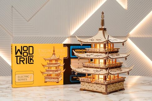 Wood Trick Harmony Tower Pagoda Temple LED ألغاز خشبية ثلاثية الأبعاد للبالغين لبناء - نقوش دقيقة - إضاءة ثنائية الوضع - مجموعة نماذج ألغاز ميكانيكية ثلاثية الأبعاد لمشروع هندسي DIY للبالغين in Kuwait
