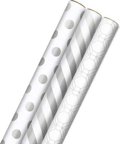 Hallmark Wrapping Paper Rolls for Weddings, Bridal Showers, Birthdays - Silver and White Gift Wrap Paper (Set of 3 Rolls: 105 sq. ft. ttl.) Polka Dots, Stripes, Geometric Shapes in Saudi Arabia