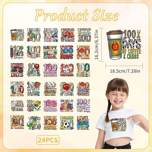 100 Days of School Iron-on Transfers, 20 PCS DTF Transfers Ready to Press, School Life Heat Transfer Vinyl Decals for T-Shirts, Bags, Pillows, DIY Crafts in Saudi Arabia