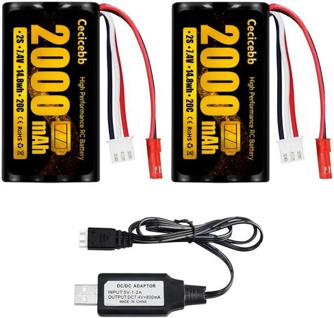 2000mAh 7.4V Li-ion Battery with JST Plug 2S Rechargeable RC Battery Fit for RC Helicopter Car Truck RC Boats Drone Airsoft Water Ball Blaster with 7.4V USB Charger in Kuwait
