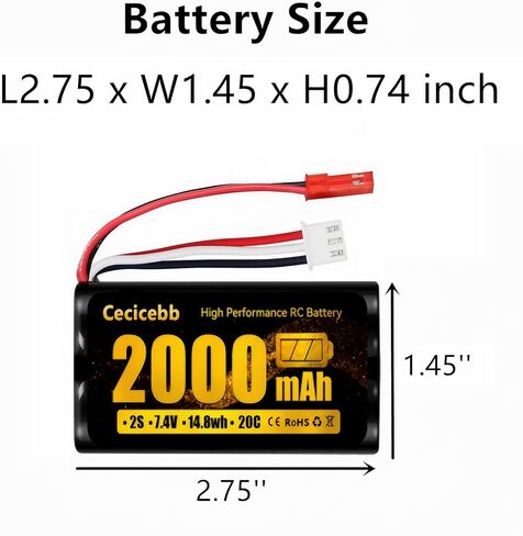 2000mAh 7.4V Li-ion Battery with JST Plug 2S Rechargeable RC Battery Fit for RC Helicopter Car Truck RC Boats Drone Airsoft Water Ball Blaster with 7.4V USB Charger in Kuwait