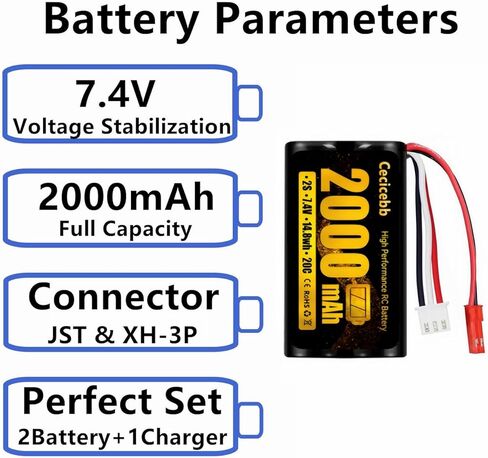 2000mAh 7.4V Li-ion Battery with JST Plug 2S Rechargeable RC Battery Fit for RC Helicopter Car Truck RC Boats Drone Airsoft Water Ball Blaster with 7.4V USB Charger in Kuwait