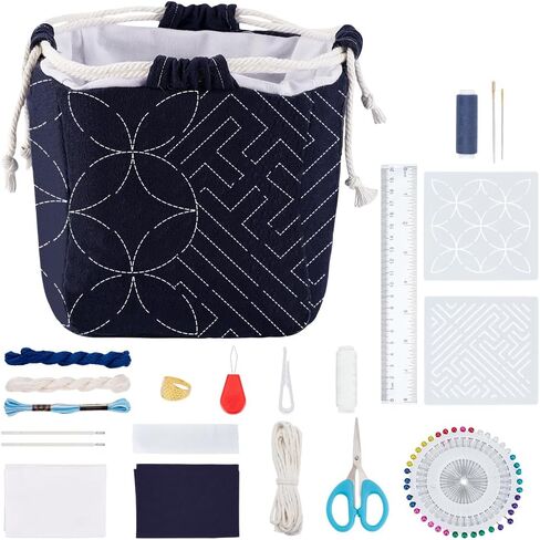 FREEBLOSS DIY Sashiko Fabric Basket Kit with Instructions 2pcs Stencils Sashiko Drawstring Bag Kit for Beginners Japanese Embroidery Bag for Girls Mums Gift in Saudi Arabia