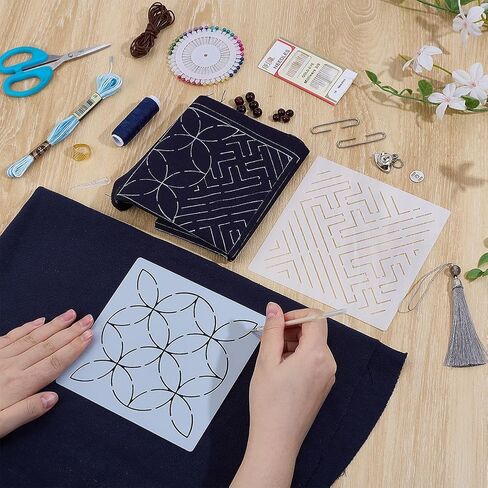 FREEBLOSS DIY Sashiko Fabric Basket Kit with Instructions 2pcs Stencils Sashiko Drawstring Bag Kit for Beginners Japanese Embroidery Bag for Girls Mums Gift in Saudi Arabia