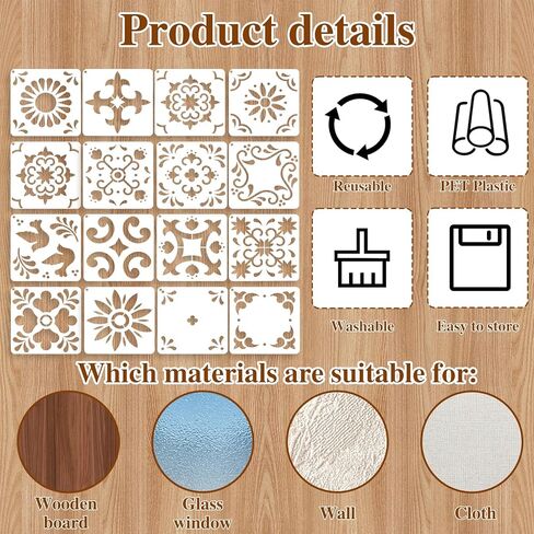 16 Pack Tile Stencil Set (6X6 Inch), Reusable Spanish Mexican Talavera Stencils for Floor Wall Furniture Canvas DIY Home Décor in Saudi Arabia