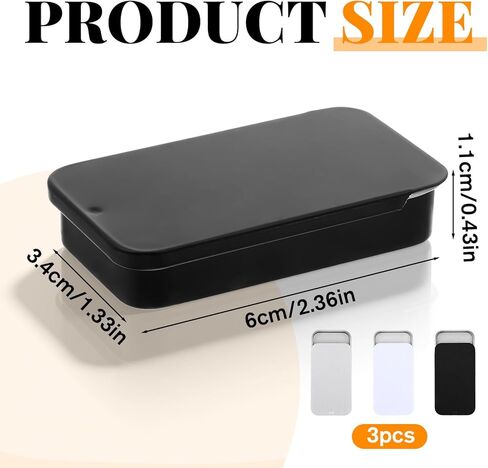 TIESOME 3 PCS Metal Tin Box Containers, 2.36 x1.33 x 0.4 Inch Small Metal Box Mini Rectangular Slide Top Containers Hinged Tin Boxes for Candies Jewelry Crafts Pills Survival Kit(Black,White,Silver) in Kuwait