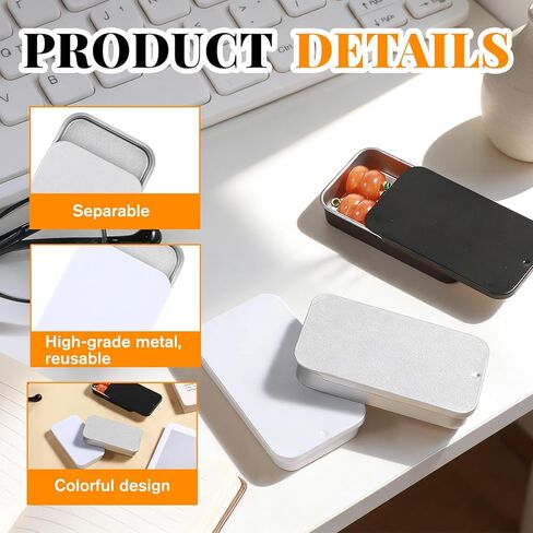 TIESOME 3 PCS Metal Tin Box Containers, 2.36 x1.33 x 0.4 Inch Small Metal Box Mini Rectangular Slide Top Containers Hinged Tin Boxes for Candies Jewelry Crafts Pills Survival Kit(Black,White,Silver) in Kuwait