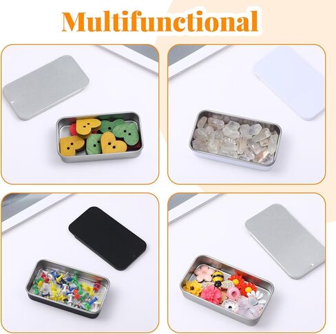 TIESOME 3 PCS Metal Tin Box Containers, 2.36 x1.33 x 0.4 Inch Small Metal Box Mini Rectangular Slide Top Containers Hinged Tin Boxes for Candies Jewelry Crafts Pills Survival Kit(Black,White,Silver) in Kuwait