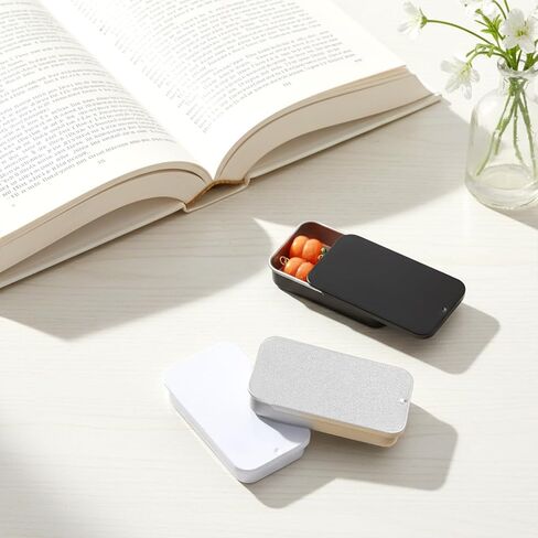 TIESOME 3 PCS Metal Tin Box Containers, 2.36 x1.33 x 0.4 Inch Small Metal Box Mini Rectangular Slide Top Containers Hinged Tin Boxes for Candies Jewelry Crafts Pills Survival Kit(Black,White,Silver) in Kuwait