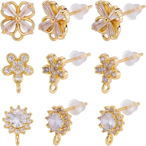 Beebeecraft 1 Box 180Pcs Cubic Zirconia Flower Stud Earring Findings 18K Gold Plated Brass 3 Styles Blossom Earrings Studs with Dangle Loop and Ear Nuts for Earring Making Findings in Saudi Arabia