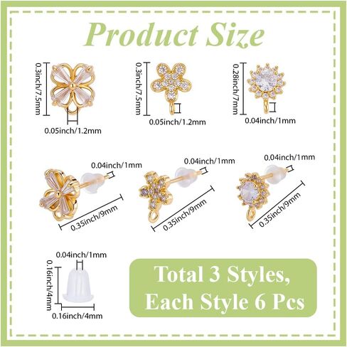 Beebeecraft 1 Box 180Pcs Cubic Zirconia Flower Stud Earring Findings 18K Gold Plated Brass 3 Styles Blossom Earrings Studs with Dangle Loop and Ear Nuts for Earring Making Findings in Saudi Arabia