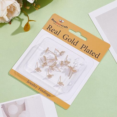 Beebeecraft 1 Box 180Pcs Cubic Zirconia Flower Stud Earring Findings 18K Gold Plated Brass 3 Styles Blossom Earrings Studs with Dangle Loop and Ear Nuts for Earring Making Findings in Saudi Arabia