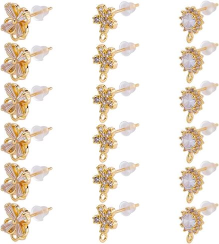 Beebeecraft 1 Box 180Pcs Cubic Zirconia Flower Stud Earring Findings 18K Gold Plated Brass 3 Styles Blossom Earrings Studs with Dangle Loop and Ear Nuts for Earring Making Findings in Saudi Arabia
