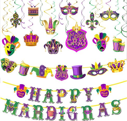 39 Pcs Mardi Gras Decorations Kit, Foil Swirls Tinsel Garland Carnival Banners Mardigras Hanging Decoration, New Orleans Mardi Gras 2026 Party Decorations for Birthday Fat Tuesday Parties Supplies in Saudi Arabia