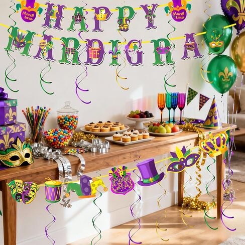 39 Pcs Mardi Gras Decorations Kit, Foil Swirls Tinsel Garland Carnival Banners Mardigras Hanging Decoration, New Orleans Mardi Gras 2026 Party Decorations for Birthday Fat Tuesday Parties Supplies in Saudi Arabia