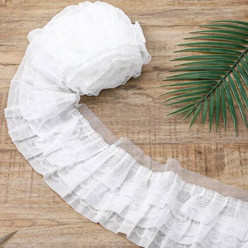 White Lace Ribbon 3 Layer 5.1in Width White Lace Ribbon Ruffle Vintage Ruffle Trim Pleated Trim Elastic Flower Chiffon Trims Fabric Embroidered for Sewing, Clothes, Dresses, Craft, Bag 2.73 Yards in Kuwait
