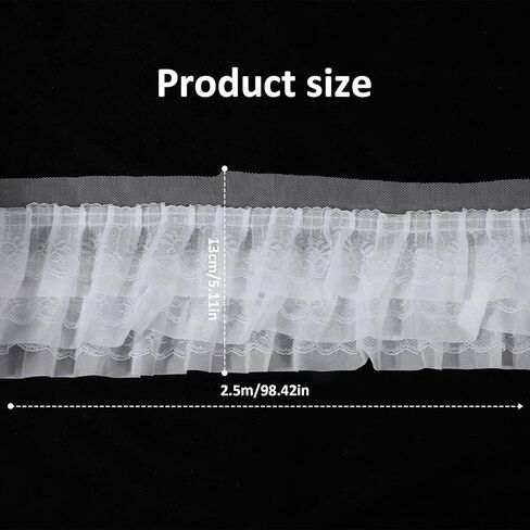 White Lace Ribbon 3 Layer 5.1in Width White Lace Ribbon Ruffle Vintage Ruffle Trim Pleated Trim Elastic Flower Chiffon Trims Fabric Embroidered for Sewing, Clothes, Dresses, Craft, Bag 2.73 Yards in Kuwait